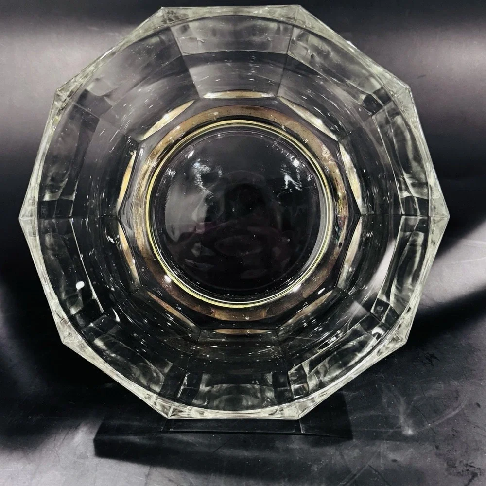 Vintage MCM Faceted Thick Italian Glass Centerpiece Bowl w Brass‎ Tone Metal Rim
